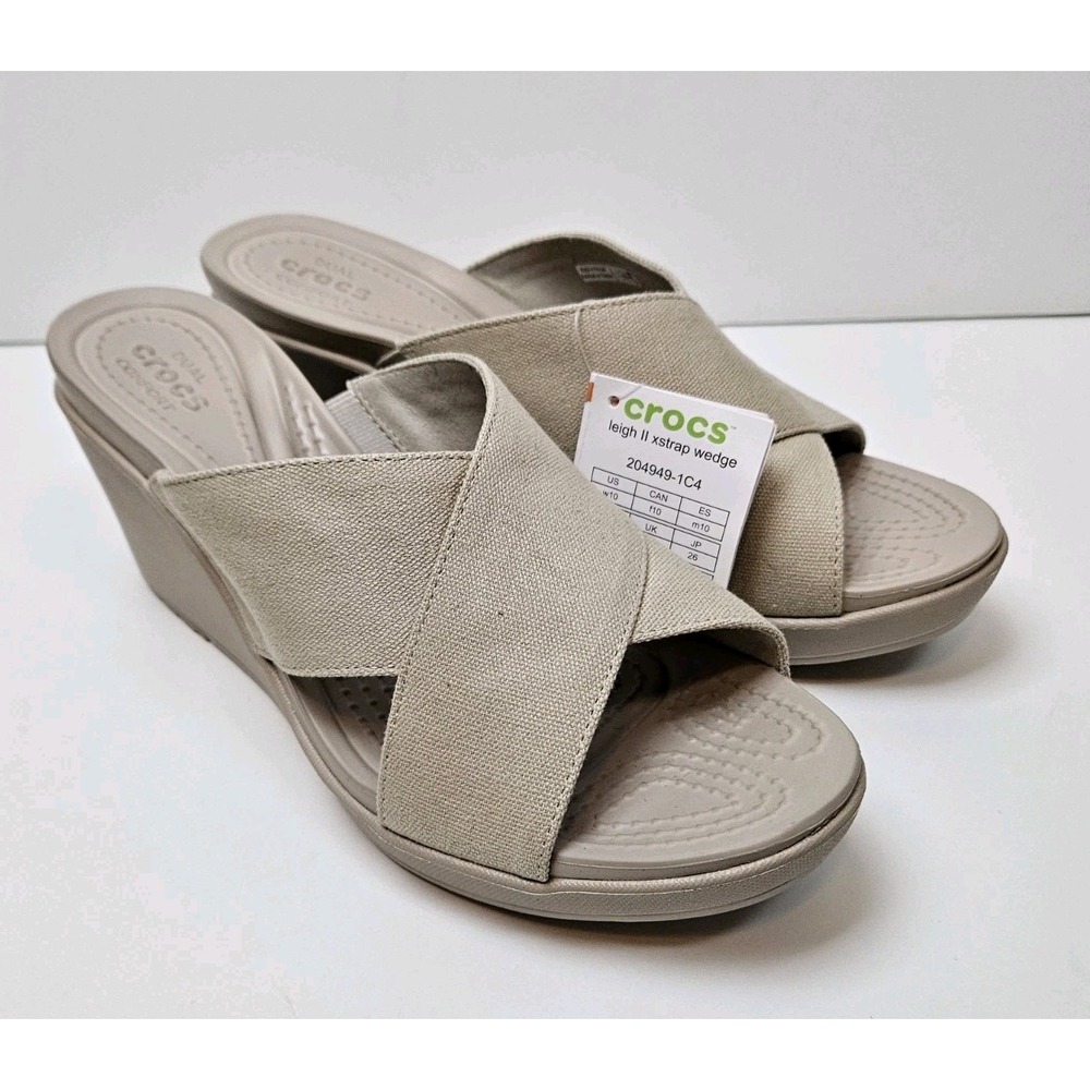 Crocs Leigh II X Strap Wedge Sandals Womens 10 NEW Beige Linen Slides
